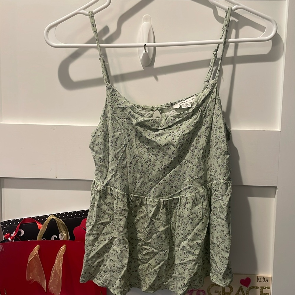 American Eagle Green Floral Tank Top Babydoll Keyhole Lightweight NWT